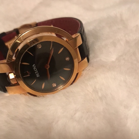 Leather Bulova Rubaiyat Ladies Diamond Rose Gold Tone Stainless Quartz Watch - Picture 8 of 9